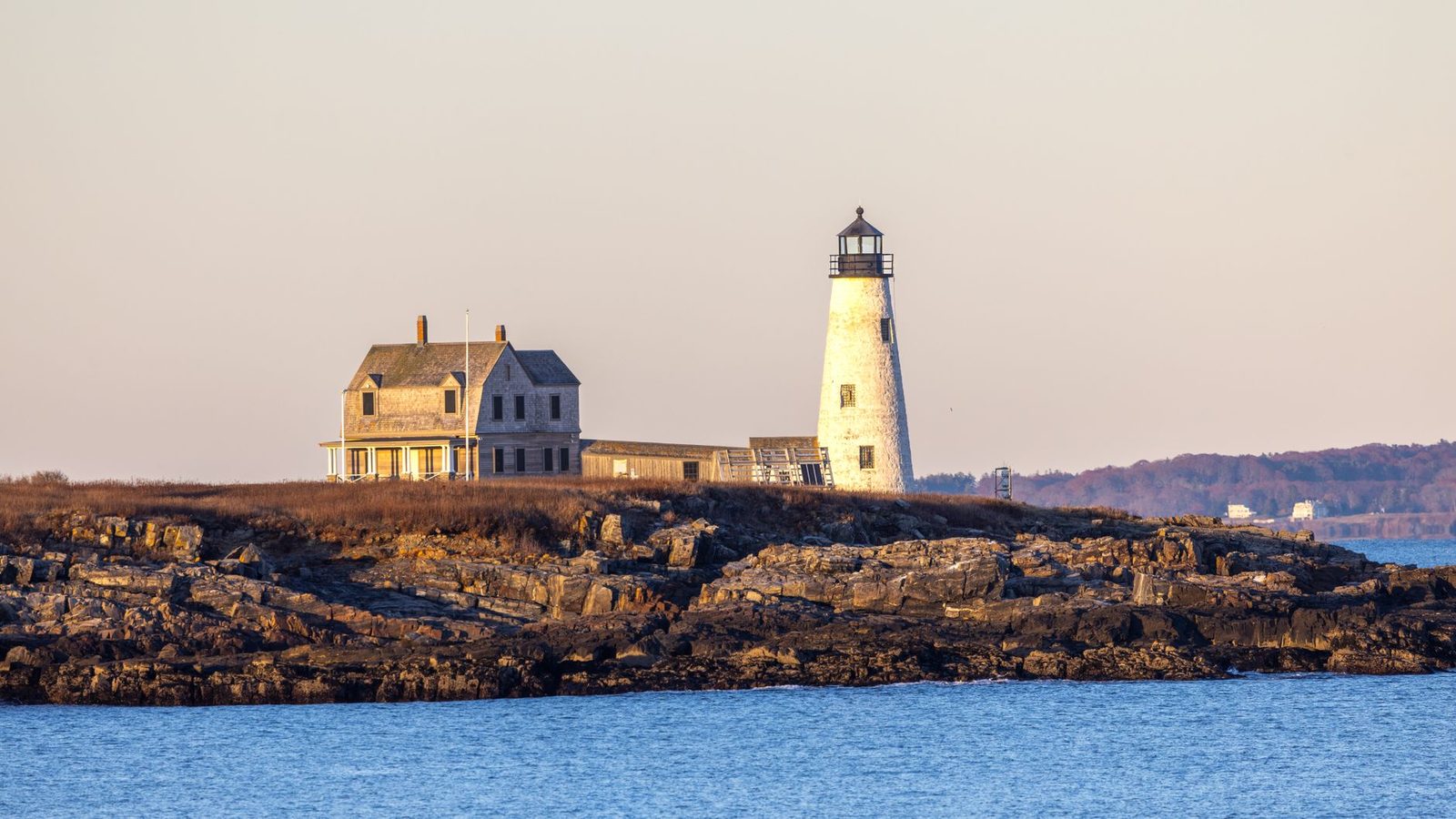 Scenic view of Wood Island Lighthouse during sunset in Biddeford, Maine
