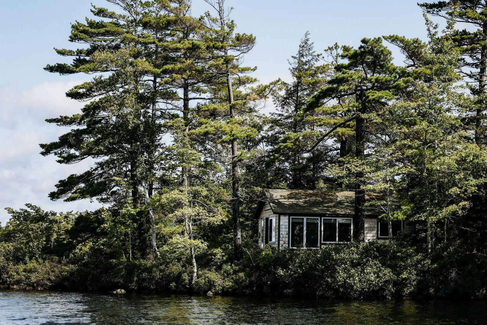 Tranquil cabin nestled among trees on the lakefront in Damariscotta, Maine